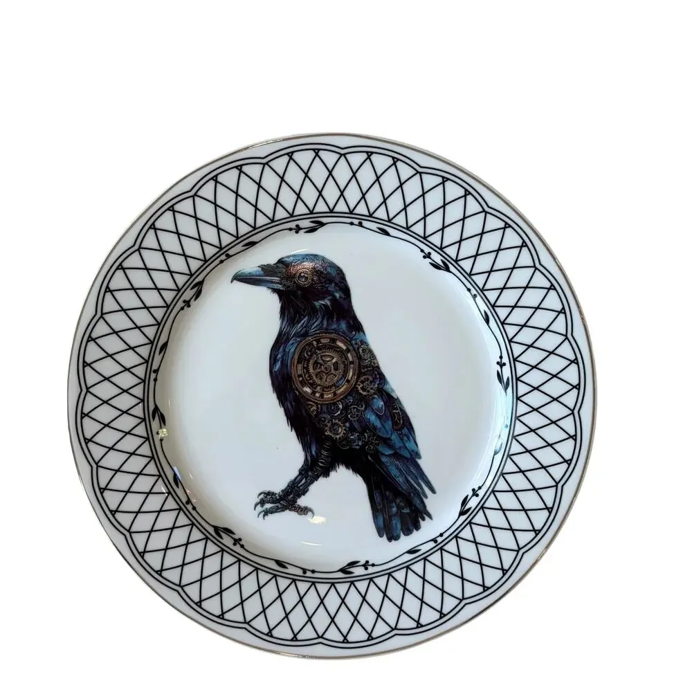 Grace Teaware RAVEN TRELLIS Ceramic Halloween Plates 8in Ceramic Set of 4 NEW
